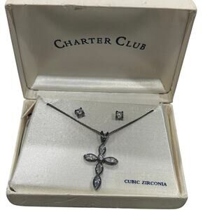 Charter Club NIB Holy Cross Necklace & Earrings Set - Silver Tone Cubic Zirconia